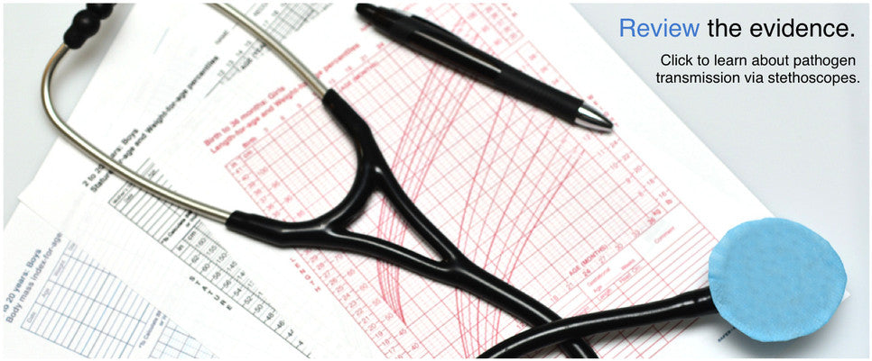 A stethoscope and a growth chart are shown with a link to review research evidence about stethoscopes and pathogen transmission/ the spread of disease in the clinical setting.