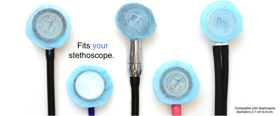 Stethoscopes of various sizes covered with StethoBarrier disposable stethoscope covers.